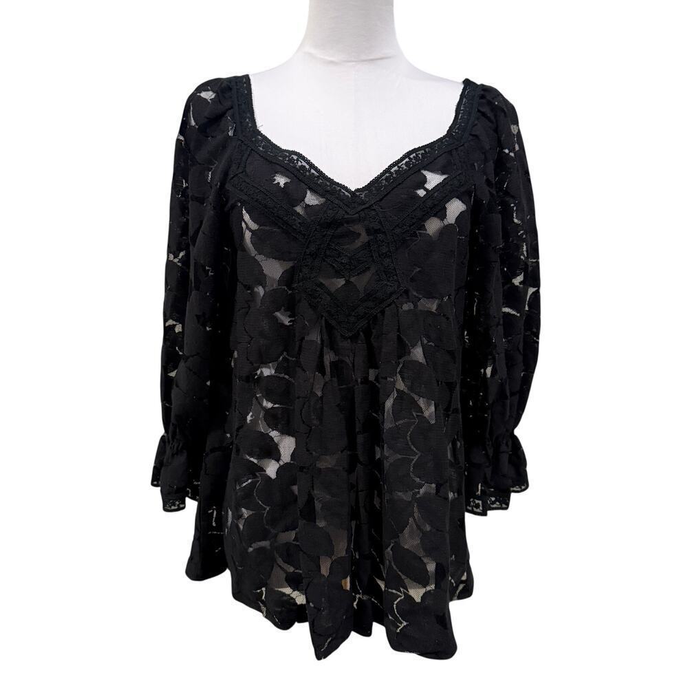 Gracia Black Sheer Embroidered Lace Blouse Medium Whimsigoth Fairy Boho Coquette